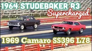 1969 Camaro SS396 L78 vs 1964 Studebaker R3 Supercharged- Pure Stock Muscle Car Drag Race