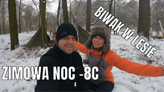 Noc w lesie przy -8C, śnieżny biwak pod pałatkami