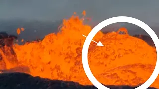 Giant lava bubbles and lava waves! Zoom into lava cauldron from Litlihrutur slopes. 23.07.23