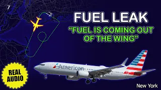 Fuel leak on takeoff. American Boeing 737 MAX 8 returns to JFK Airport. Real ATC