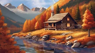 Autumn Mountain Cabin on a Stream. Fall Ambience with Relaxing Music. Meditation, Stress Relief.