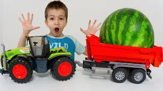 Damian and Darius Play Ride on Tractor Watermelon Wheels