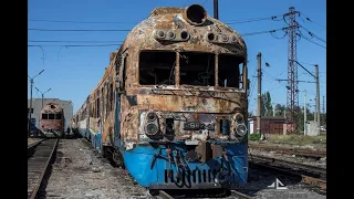 These locomotives will never travel by rail again. Old abandoned diesel trains