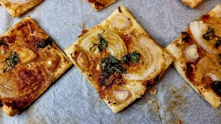 Amazing easy puff pastry onion tart !: how to make party perfect puff pastry appetizer?🥳