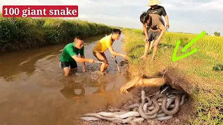 The young man was scared when he saw a giant snake eating meat