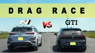 2022 VW Golf GTI vs 2022 Hyundai Kona N, you aren't prepared for this. Drag and Roll Race.