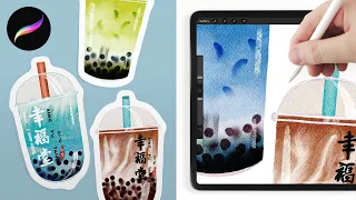 How to paint watercolor bubble tea in Procreate // Water color boba tea tutorial for beginners