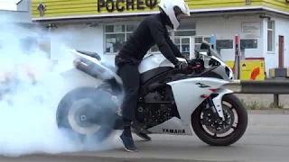 правильный бёрнаут и уход с места на Yamaha R1 2011, хорошая резина