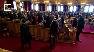 King Harald V of Norway trips and almost fall in parliament 2016