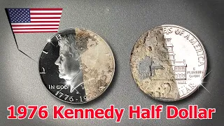 The stages of restoration of the American half dollar coin known as the Kennedy half dollar. #coin