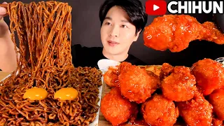 ASMR MUKBANG BLACK BEAN NOODLES & FRIED CHICKEN jjapagetti 양념 치킨 & 짜파게티 파김치 먹방 EATING SOUNDS