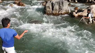 DOUBLE SIDE CAST-NET FISHING IN SMALL RIVER OF NEPAL | HIMALAYAN TROUT FISHING | ASALA FISHING |