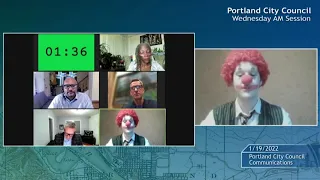 Clown speaks at Portland City Council meeting to deliver message to Mayor Wheeler