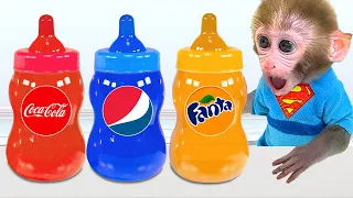 Monkey Baby Bon Bon makes Cutest Jelly milk bottle and goes swimming with duckling