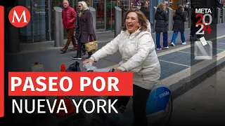 Xóchitl Gálvez llega en bicicleta a reuniones en Nueva York