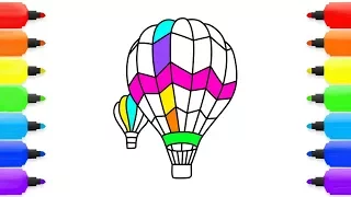 How to Draw Hot air Balloon in Pink and Blue Clouds | Coloring Book Aerostat | Art Colours for Kids.