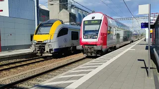 Kleinbettingen: departure of CFL 3013 with regional train to Arlon and SNCB 8524 to Luxembourg