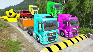 Double Flatbed Trailer Truck vs Speedbumps Train vs Cars | Tractor vs Train Beamng.Drive #417