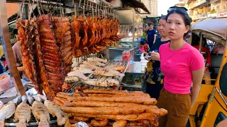 Cambodian street food at Olympic Local Market - delicious Roasted duck, fish, pork ribs & more