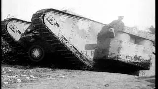 British Mark I tank being positioned in battlefield during World War I HD Stock Footage