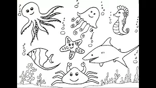 How To Draw Sea Creatures (Animals) - Sea Horse, Shark, Jelly Fish, Octopus Etc.