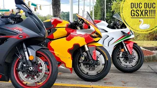 Ducati 1199 vs 2019 Panigale v4 vs 2017 Gsxr 1000 [Battle Royale]