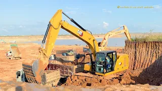 Cat 323GC Excavator Loading Soil Into Dump Tucks