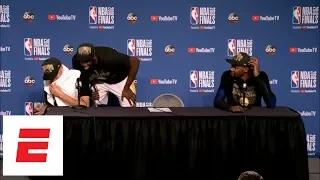 Klay Thompson googles himself during press conference after Game 4 of 2018 NBA Finals | ESPN