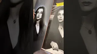 Morticia Addams airbrushed on skateboard, by Messenger Kustom Paint , freehand stencil lace