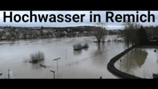 Hochwasser der Mosel in der Touristenstadt Remich (Luxemburg) 4K