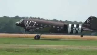 C-47 Whiskey 7, C-47 Canucks Unlimited & Liberty Jump Team with P-51's - Geneseo Air Show 2014