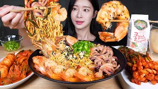 ASMR MUKBANG | Octopus Fishing 🐙 Spicy Seafood Ramen Noodles 🔥 King Tiger Shrimp & Octopus & Chilies