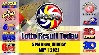 Swertres|3D and EZ2|2D Lotto 5PM Draw, Sunday, May 1, 2022