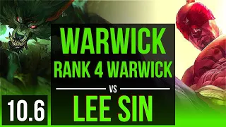 WARWICK vs LEE SIN (JUNGLE) | Rank 4 Warwick, KDA 11/0/8, 800+ games | KR Grandmaster | v10.6