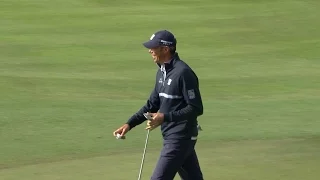 Matt Kuchar gets assist from flagstick from bunker at The RSM Classic