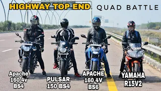 Apache 160 4V BS6 Vs Apache 160 4V BS4 Vs Pulsar 150 Vs Yamaha R15V2 | Race Till Their Potential