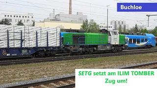 Buchloe: SETG setzt am Schnittholzzug von Ilim Timber in Buchloe um, toller Dieselsound bei Abfahrt