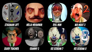 Stickman Escape Lift, Hello Neighbor, Evil Nun, Mr Meat 2, Scary Teacher 3D, Granny Chapter Two...