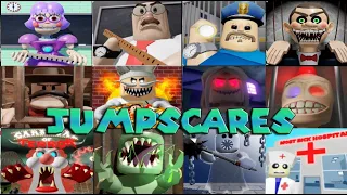 ALL JUMPSCARES from 12 Scary OBBY Games, Papa, Barry, Mr Funny, Siren Cop, Miss Ani-tron...