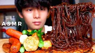 ASMR KOREAN GLASS NOODLES WITH SPICY FIRE & BLACKBEAN SAUCE + SAUSAGES + FISHBALLS (Eating Sound) |