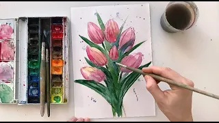 Как нарисовать тюльпаны акварелью. Рисуем тюльпаны. Цветы к 8 марта. Урок рисования для детей.