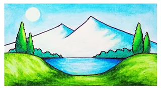 How to Draw Easy Mountain and Lake Scenery for Beginners_Oil Pastels Drawing