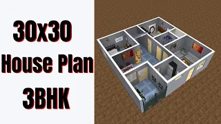 30x30 house plan 3bhk || 900 sqft Ghar Ka Naksha || 30 x 30 House Design