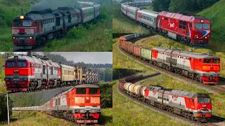Russian railways: six different diesel locomotives and an ELEKTRICHKA near the city of Tula