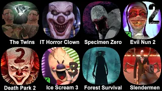 The Twins, IT Horror Clown, Specimen Zero, Evil Nun 2, Death Park 2, Ice Scream 3, Slenderman