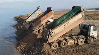 Amazing Pouring Soil to Building Beach By Powerful Bulldozer Pushing and Dump Truck