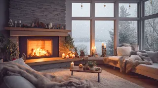 Cozy Cabin with Snow Falling & Crackling Fireplace - Winter Ambience Sounds for Sleeping