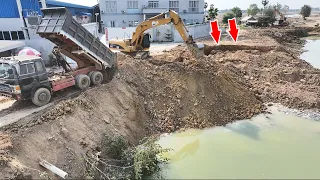 Nice Showing New Action​, Road construction, By Excavator CAT 320C, Dump Truck Unloading