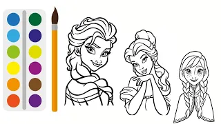 Drawing and Coloring Disney Characters. Princess Jasmine, Elsa, Cinderella, and Anna  for kids.