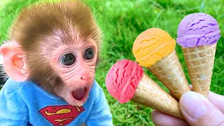 Baby Monkey Bon Bon Go to Supermarket and Eat Ice Cream with Cute Puppy - BonBon Farm